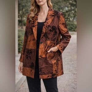 Susan Graver Patchwork Floral Textured Blazer Jacket Brown Black Size M
